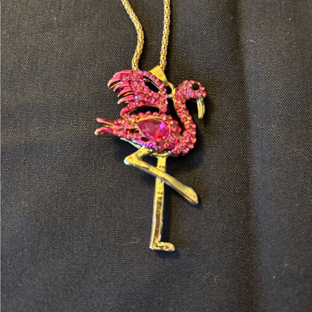 Pink Flamingo Necklace, Betsey Johnson Hallmark, Extra Long Chain 28” & 2” exten
